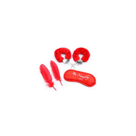 Kit coquin 4 pièces : Menottes, 2 plumes et masque rouge 